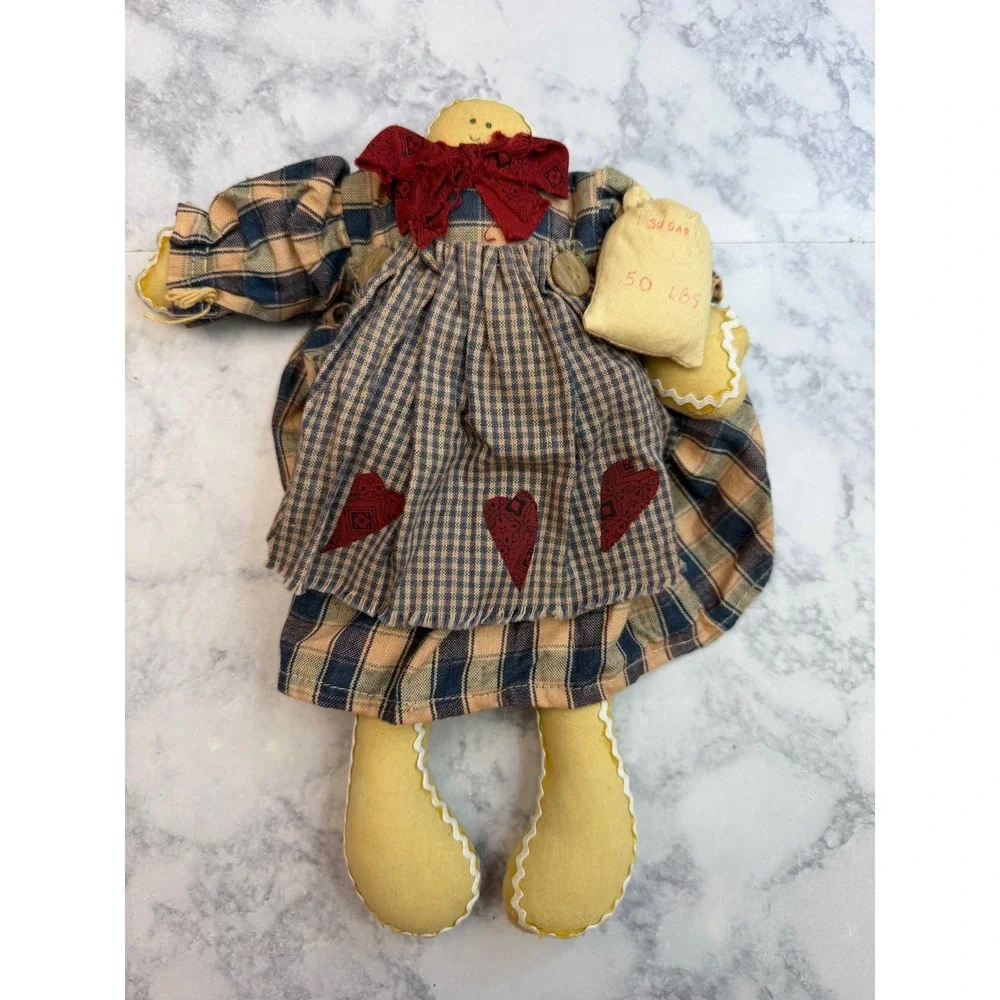 Primitive Cloth Doll Shelf Sitter Plaid Dress Country Farmhouse Folk Art 10in